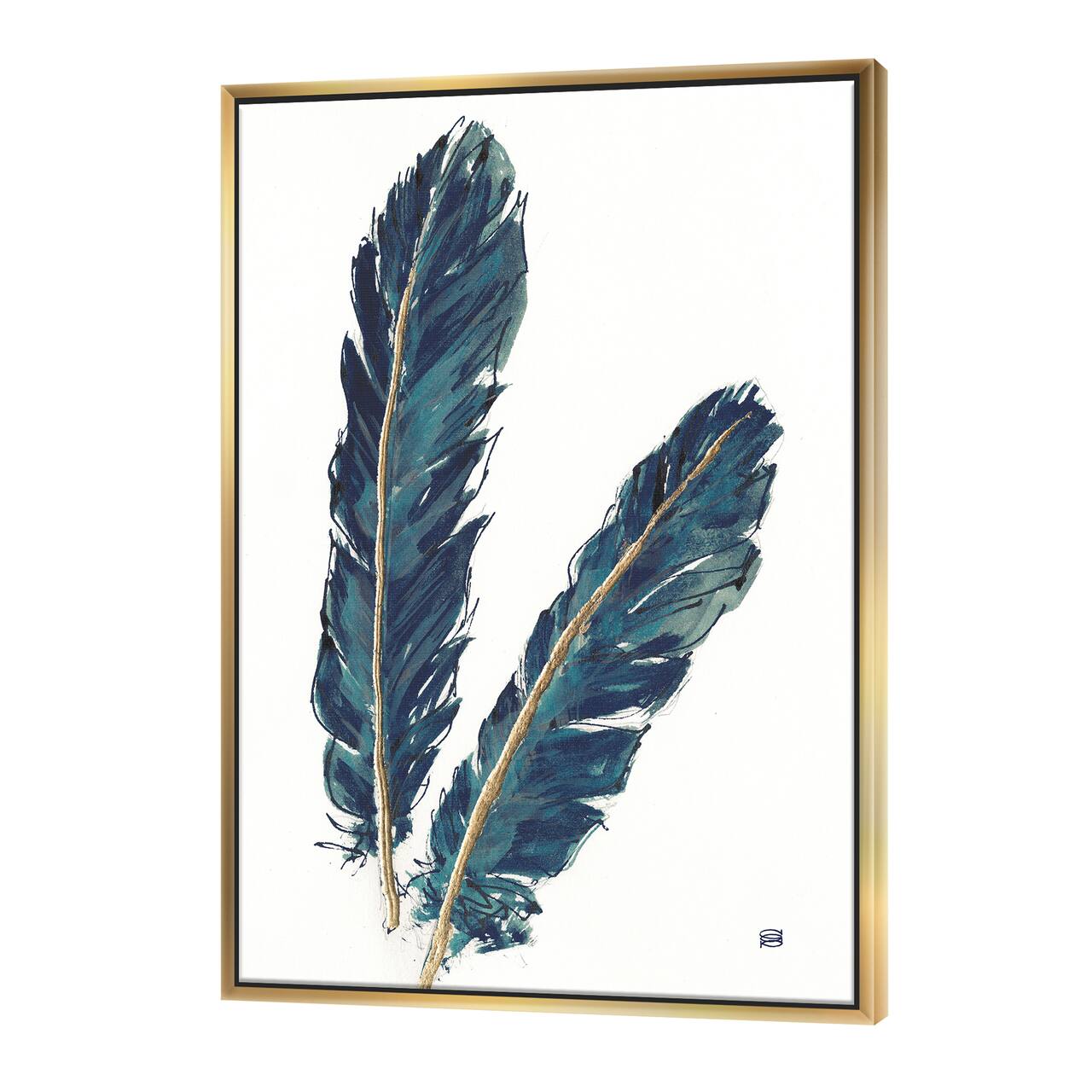 Designart - Gold Indigo Feathers IV - Modern Bohemian Canvas in Gold Frame